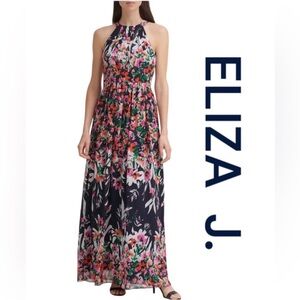 ELIZA J. Chiffon Floral Print Halter Maxi Dress, Size 4.